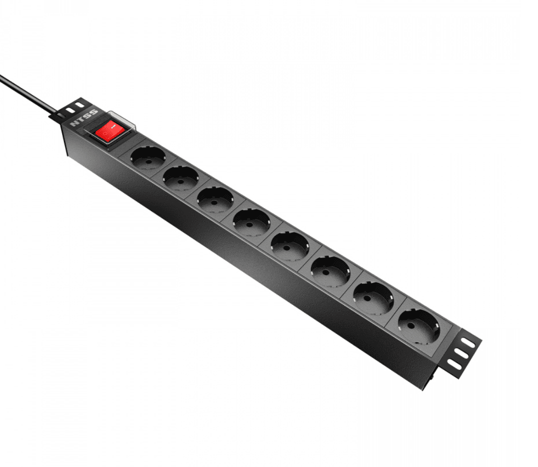 Блок розеток NTSS, 19", 1U, алюминий, 1ф10A, 2.3кВт, (8) Schuko CEE 7/7, выкл. с подсв.и  крыш., вх. 60320 С14