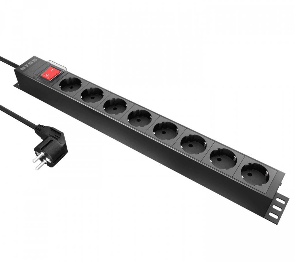 Блок розеток NTSS, 19", 1U, алюминий, 1ф16A, 3.7кВт, (8) Schuko CEE 7/7, выкл. с подсв.и крыш., 1.8м каб., вил. Schuko