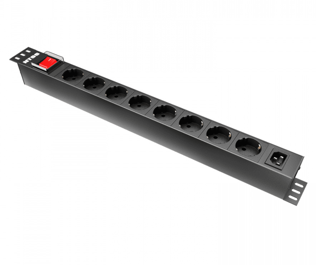Блок розеток NTSS, 19", 1U, пластик, 1ф10A, 2.3кВт, (8) Schuko CEE 7/7, выкл. с подсв.и  крыш., вх. 60320 С14