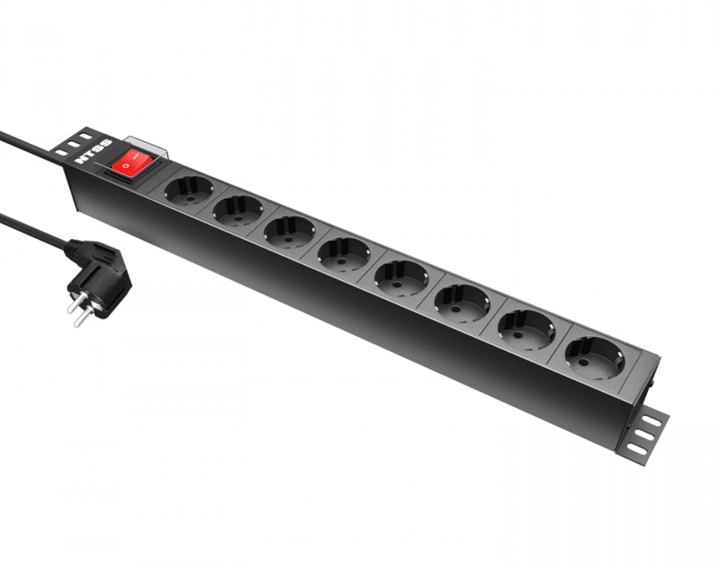 Блок розеток NTSS, 19", 1U, пластик, 1ф16A, 3.7кВт, (8) Schuko CEE 7/7, выкл. с подсв.и крыш., 1.8м каб., вил. Schuko